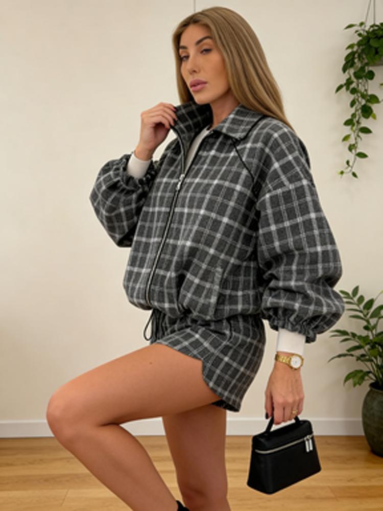 Women Casual Plaid Shorts Sets - Street Fashion Jacket ulasan dan harga