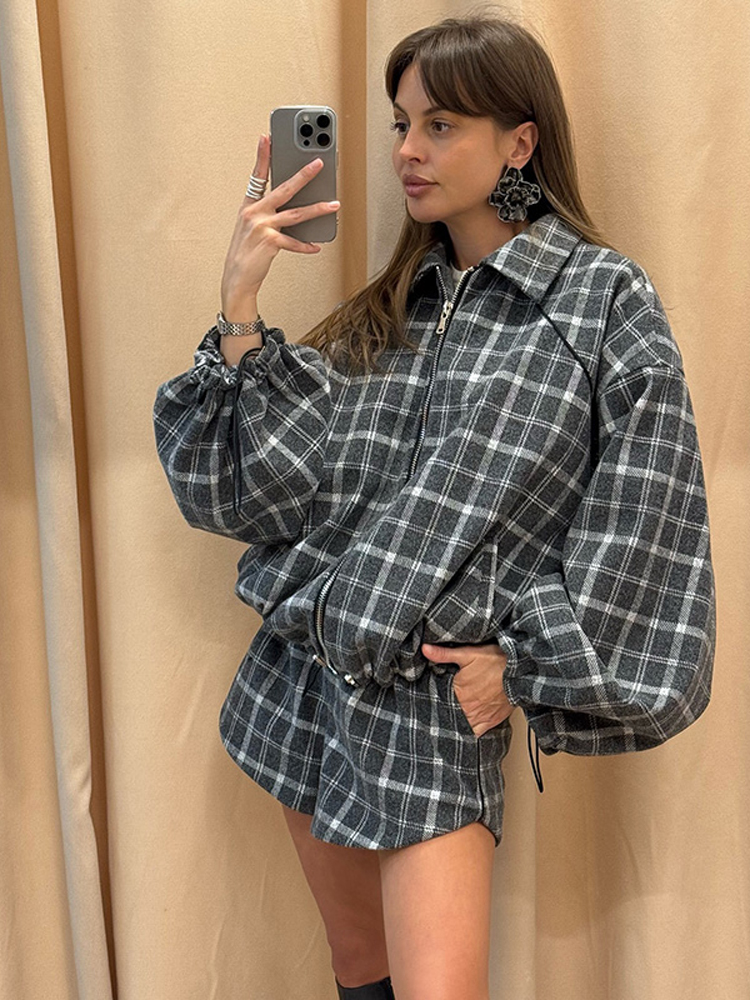 Women Casual Plaid Shorts Sets - Street Fashion Jacket ulasan dan harga