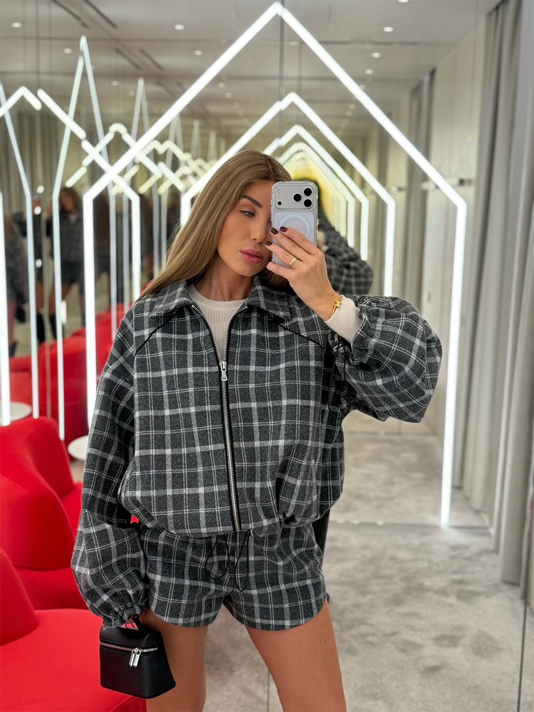 Women Casual Plaid Shorts Sets - Street Fashion Jacket ulasan dan harga