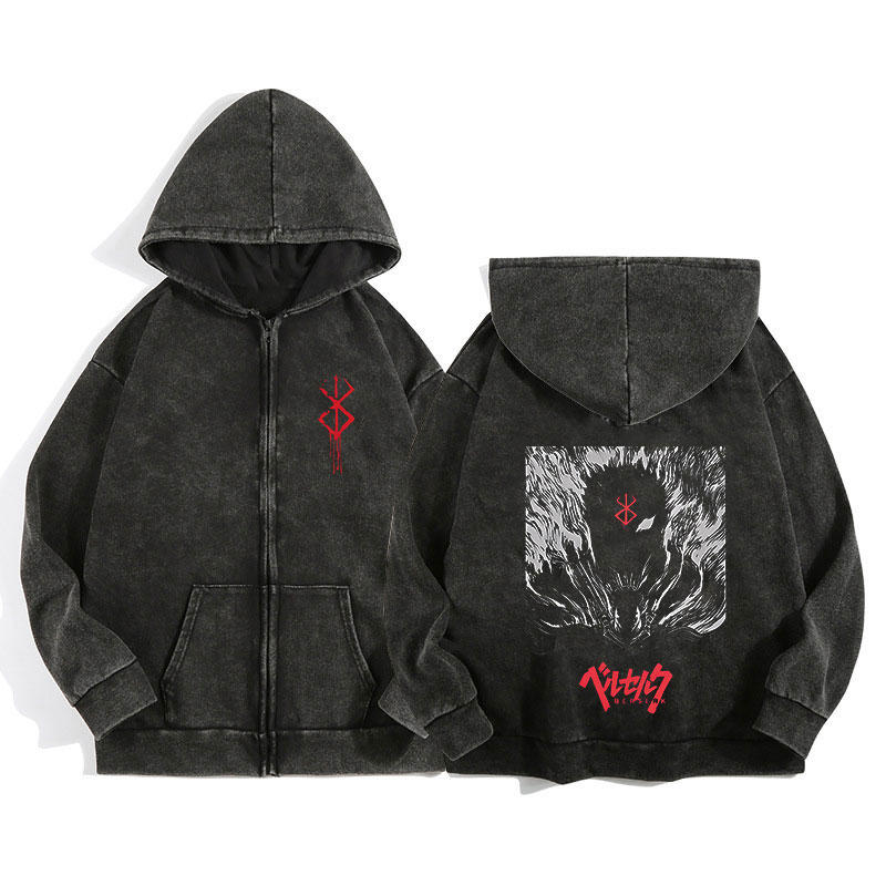 Anime Berserk Wash Zip Up Hood - Graphic Hoodie Streetwear ulasan dan harga