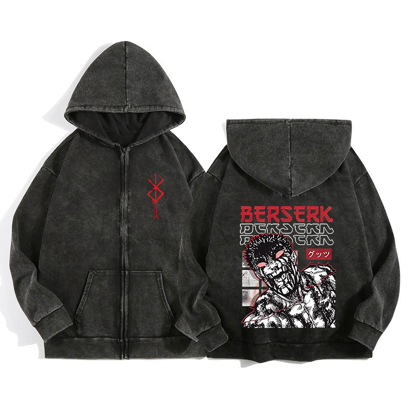 Anime Berserk Wash Zip Up Hood - Graphic Hoodie Streetwear ulasan dan harga