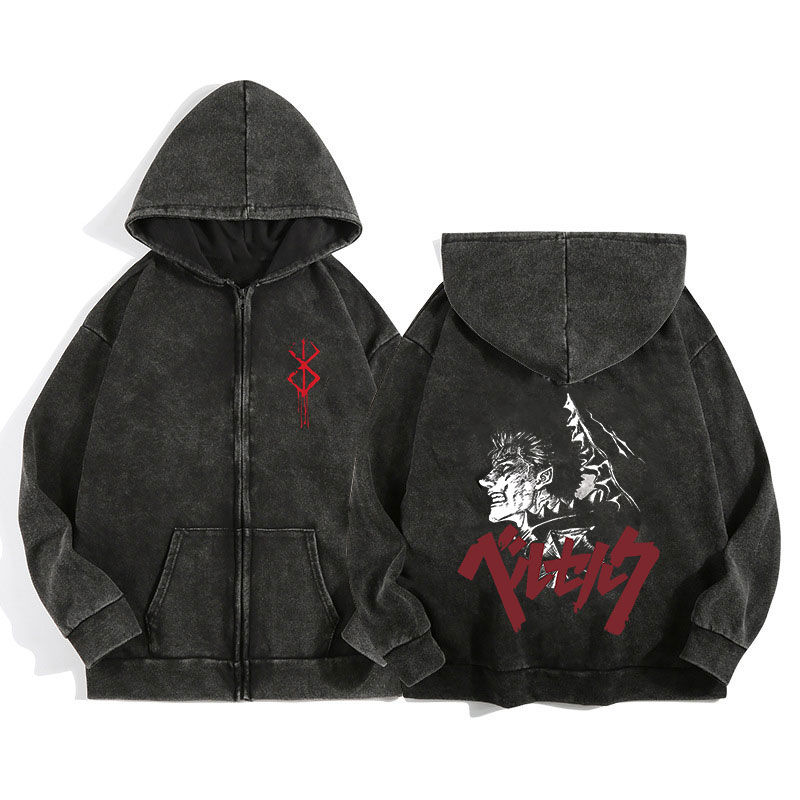 Anime Berserk Wash Zip Up Hood - Graphic Hoodie Streetwear ulasan dan harga